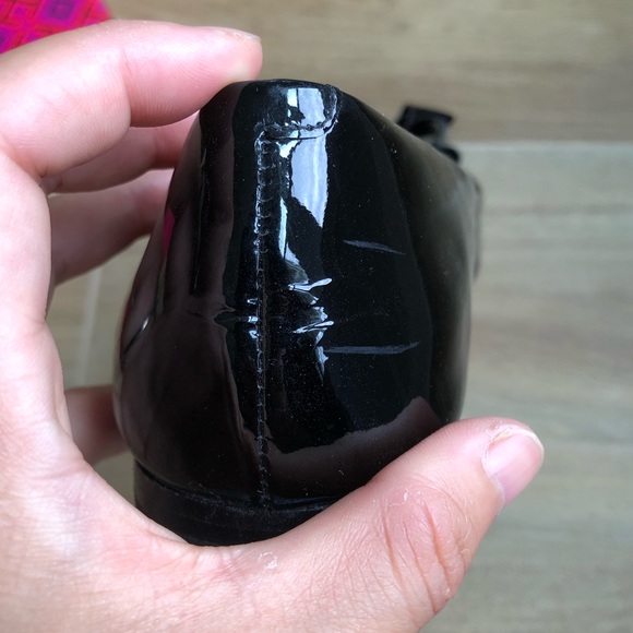 Tory Burch Patent Black Stacked Bow Peep toe Flats - Picture 5 of 15